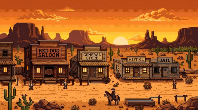 Pixel art sunset over a western town with saloon, store, hotel, and cacti.