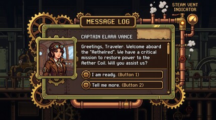 Naklejka premium Steampunk game interface showing Captain Elara Vance with dialogue options.