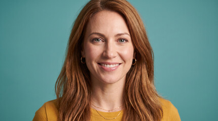 Fototapeta premium Positive Redhead Woman Smiling in Studio Portrait on Teal Background for Corporate Professional Profile