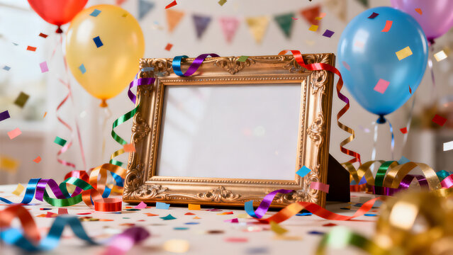 Festive frame with balloons, streamers and confetti against simple background in vibrant colors