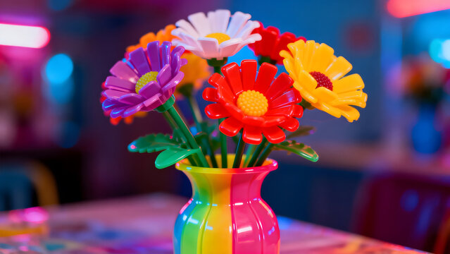A cheap plastic flower in a garish vase, tacky aesthetic with bright colors.
