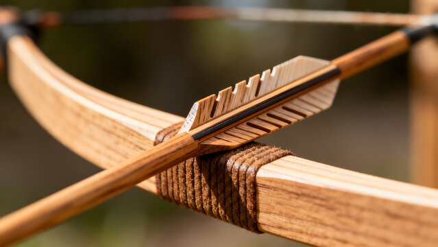 Arrow nock fitted on bowstring, carved groove and wood grain in soft light.