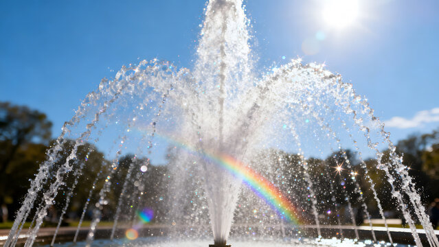 A fountain's water jet arching against a blue sky with sunlight creating glints.
