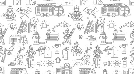 Obraz premium Firefighter and rescue icons seamless doodle pattern.