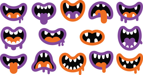 Fototapeta premium Spooky halloween monster mouths collection cartoon teeth tongues and ghoulish expressions for festive designs