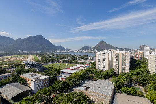 Panoramic cityscape of Rio de Janeiro with Lagoa Rodrigo de Freitas and Corcovado mountain peaks
