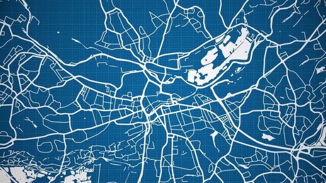 Ink reveal animation of Reading city, Berkshire, England, United Kingdom, grid map. Aerial top view. Blueprint style. White lines with blue background. 4K Seamless loop.