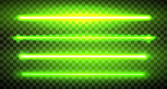 Green lazer straight lines pack isolated. Neon glowing laser beam effect. Fluorescent LED electric luminous line. Led light halogen dynamic diode. Vector illustration