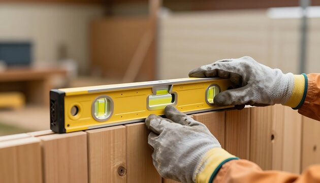 Construction worker using yellow spirit level tool to ensure straight alignment of wooden fence planks with protective gloves checking horizontal level newly