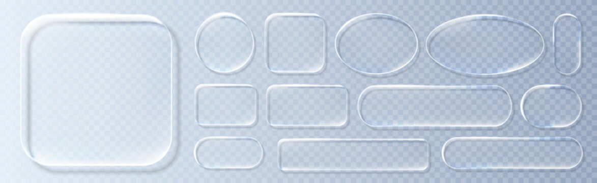 Realistic blue glassmorphism style basic IU mockup elements isolated on transparent background. Neon glass transparent frame collection. Blur grass style shapes template design. Vector illustration