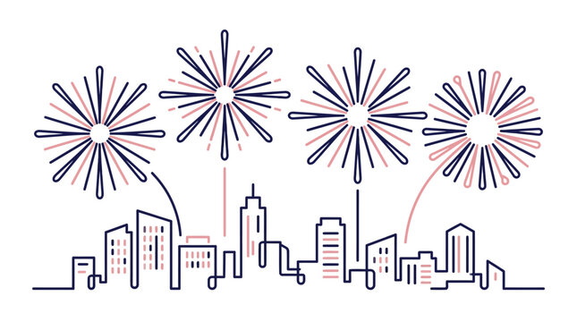 Minimalist vector line art of a city skyline silhouette with exploding fireworks in navy blue and pink colors on a white background for celebration and New Year events.