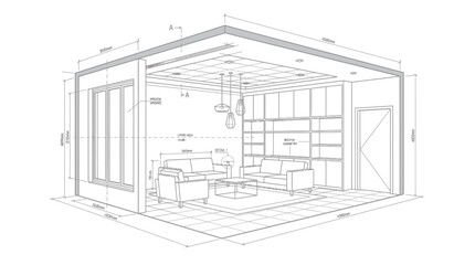 Fototapeta premium Architectural blueprint of a modern living room interior design.