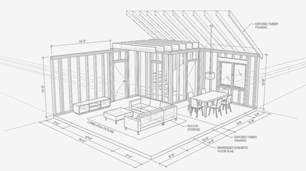 Fototapeta premium Architectural blueprint of a modern open-plan living space with furniture.