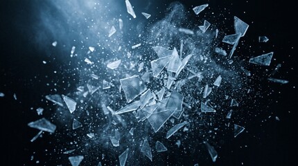 Naklejka premium Explosion of Shattering Glass Shards and Particles Isolated on Black Background