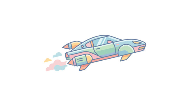 A whimsical cartoon illustration of a futuristic flying sports car soaring through the air.