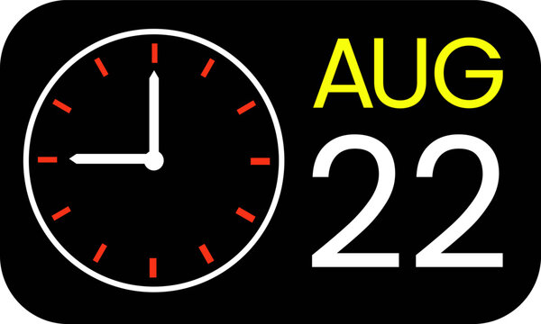 August 22nd Date and 9 O'Clock Analog Clock and Calendar Icon Illustration