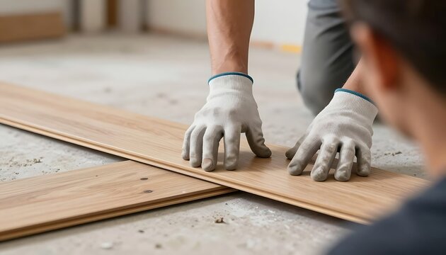 Professional worker installing wooden laminate flooring planks during residential home renovation project improvement tasks with laminate floorboards together