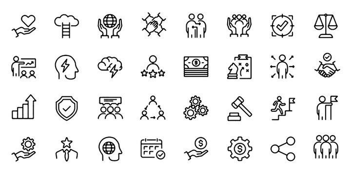 Core Values Icons Set with Integrity, Honesty, Respect, Responsibility, Teamwork, Innovation, Trust and Vision. Editable Stroke Vector Illustration.