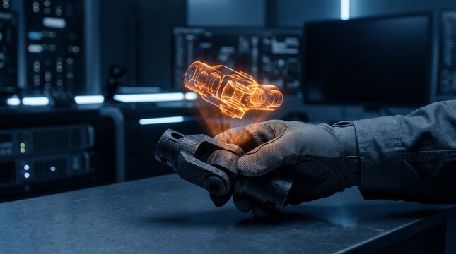 Industrial Engineer Holding Mechanical Part with Orange Hologram Projection in High-Tech Laboratory, Digital Twin and Augmented Reality Concept