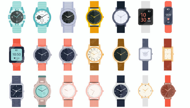 Wristwatch collection displays diverse analog and digital timepieces with various strap colors and watch faces.