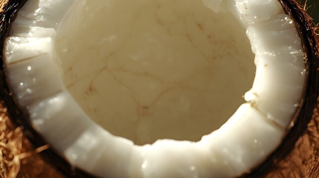Macro Cinematic Close Up of a Freshly Cracked Coconut Interior Revealing Glowing White Meat and Textural Details
