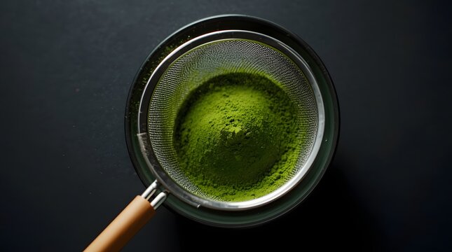 Vibrant Matcha Powder Sifted: Finely ground vibrant green matcha powder is being sifted through a mesh strainer with a wooden handle, showcasing its texture and purity.