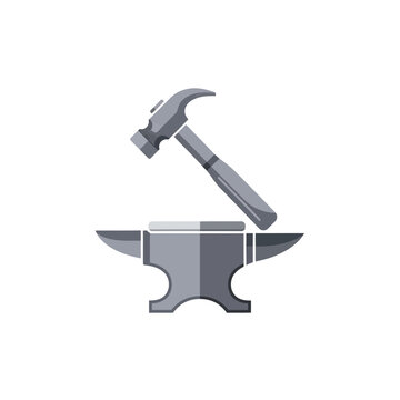 Flat vector illustration of a blacksmith anvil with a hammer for metalwork and craft industry