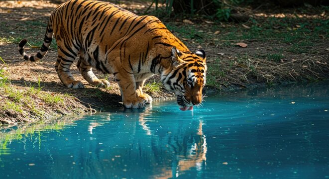 Tiger drinking water at the edge of a pond wildlife nature scene