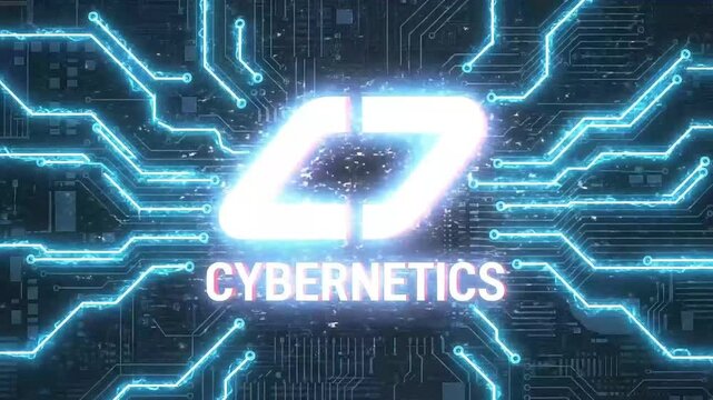 Glowing cybernetics logo with glitch effect on circuit board background motion graphics footage