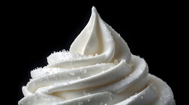 Creamy Swirl Delight: A close-up shot of a soft-serve ice cream swirl, its creamy texture highlighted against a dark background, sprinkled with a few sugar crystals.