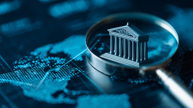 A classical bank building examined through a magnifying glass over a world map, symbolizing financial supervision