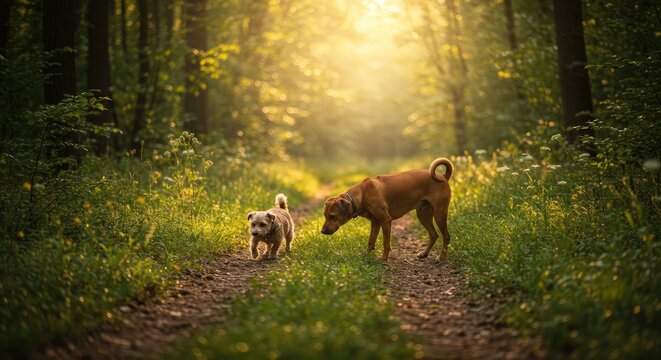 Two dogs exploring a sunlit forest path outdoors adventure scene