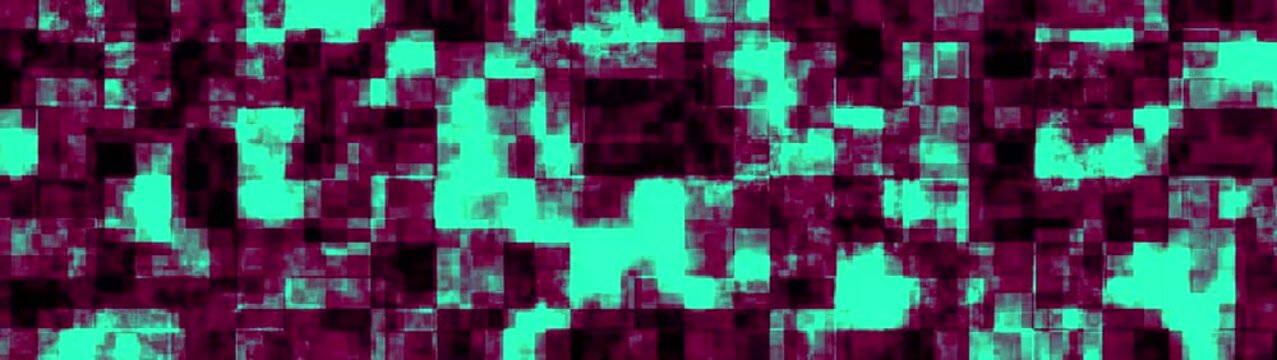 Abstract cyan and purple mosaic background features flickering square patterns with glitch motion effect.