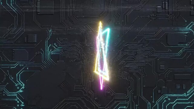 Neon glowing hexagram with glitch effect on circuit board background loop motion graphics