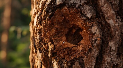 Obraz premium Close-up of Tree Bark: A detailed macro shot reveals the textured bark of an old tree, highlighting the intricate patterns and a small hollow, with a soft bokeh of green foliage in the background.