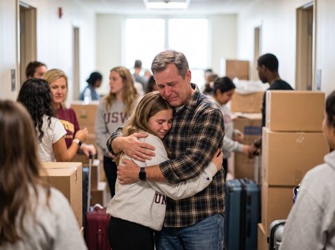 Emotional Father Saying Goodbye to Daughter at College Dormitory Move In Day