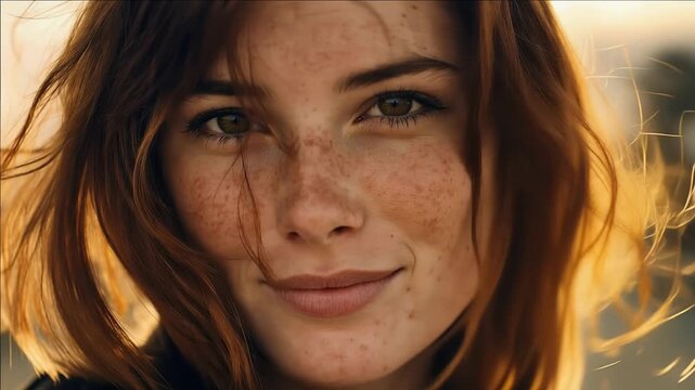 Freckled young woman smiling in golden sunlight