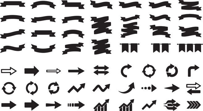 Black ribbon banners and arrow icons set, decorative vector scroll collection, minimalist graphic design elements for web and print