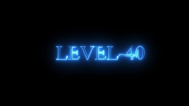 neon Level-40 text inside a horizontal banner on black background. level 9 text icon animation. Neon level up sign. neon next Level text.Level Thirty six text font with glowing neon light.Level .4k