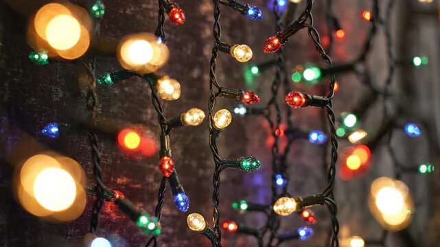 Colorful decorative string lights glow against a dark textured wall