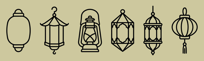 Assortment of various antique oil lamps and decorative lanterns in line art. © RoseMerry