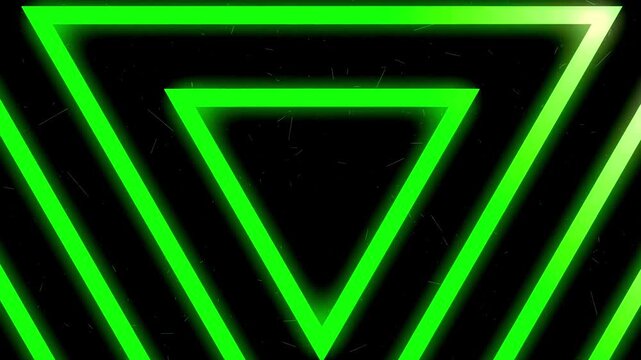 Green triangle neon shapes form a glowing tunnel in a futuristic abstract motion graphics background loop.