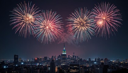 Fototapeta premium Nighttime fireworks display over city skyline. Vibrant pyrotechnics celebration lighting up urban landscape with colorful explosions.