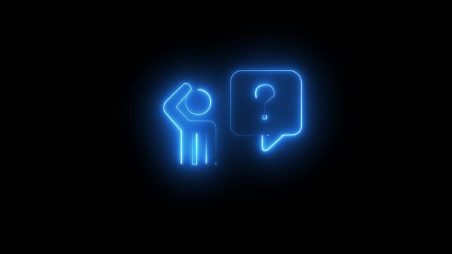 Modern neon line icon animation featuring a confused person scratching their head beside a speech bubble with a question mark. Perfect for FAQ sections, customer support, problem