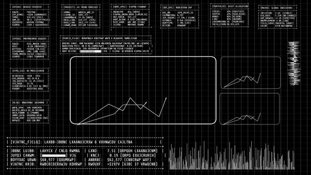 Monochrome financial computer terminal tracking stock market sentiment, crypto trends, and real-time asset volatility indicators. Perfect for banking and algorithmic trading b-roll.