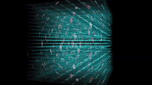 Abstract digital grid trapping user profiles and encrypted code matrix. Perfect for cybersecurity warnings, big data overloads, social media dependency, and deep web investigations.