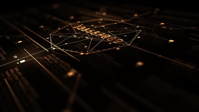 Advanced golden tech interface analyzing real-time encryption codes and military network safety parameters. Ideal for cybersecurity presentations, AI diagnostics, and tech b-roll.
