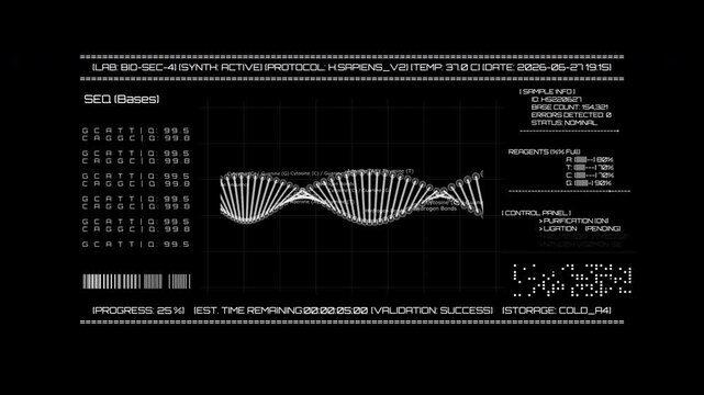 Digital health interface analyzing genetic sequences, base pairings, and synthetic biological data. Ideal for medical research, biotechnology advancements, and AI gene mapping concepts.