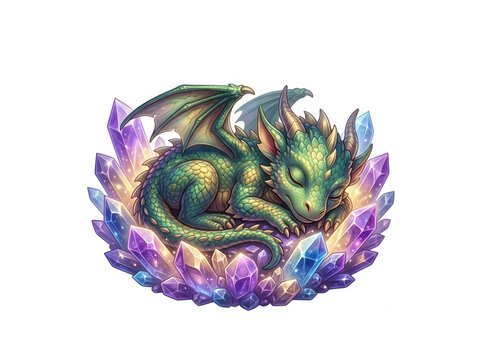 Tiny sleeping green dragon curled up inside a cluster of glowing purple and blue crystals isolated on a black white background isolated on a transparent background