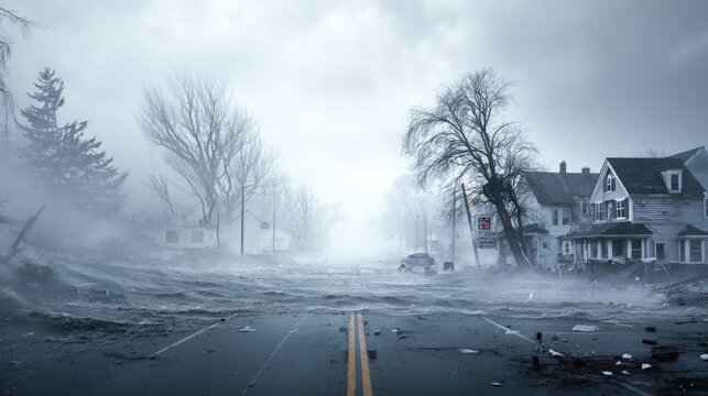 Street flooded by storm with destroyed houses and bare trees